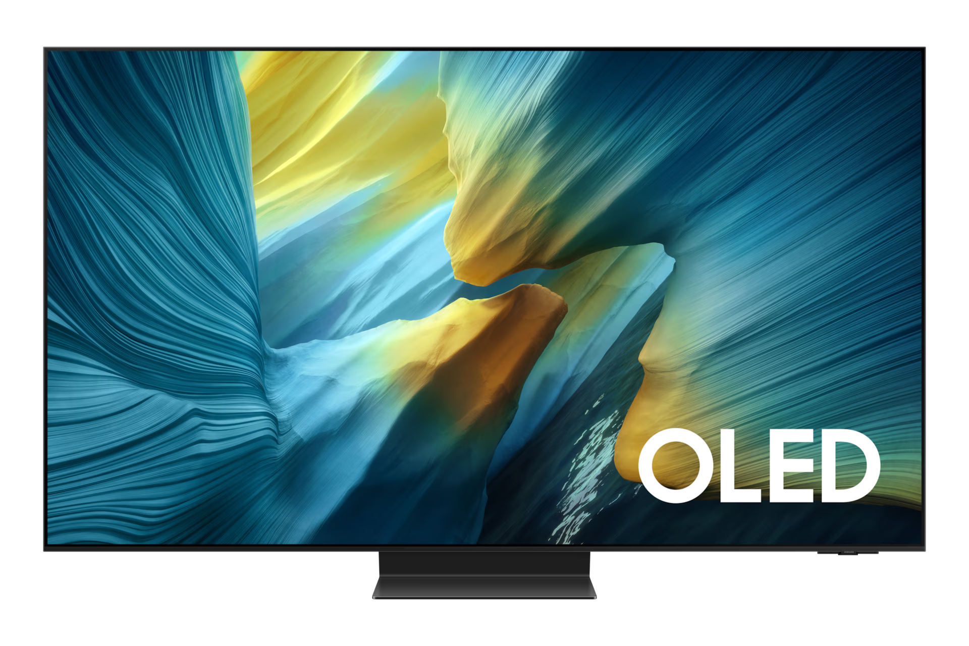 OLED TV displaying a colorful abstract design with 'OLED' branding.