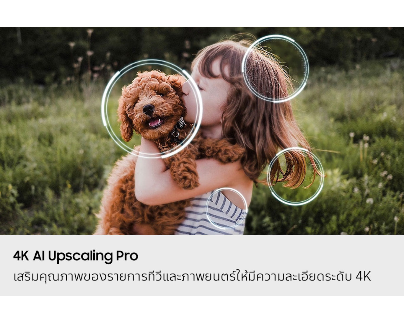 Person holding a dog in a grassy field with 4K AI Upscaling Pro text overlay.