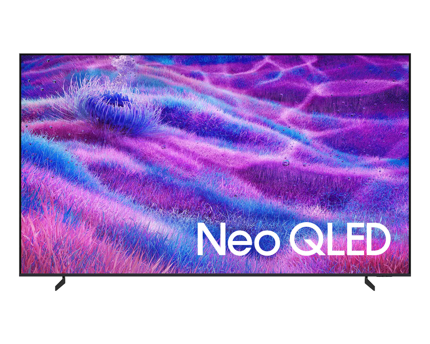 Neo QLED TV displaying a vibrant purple and blue abstract design on a white background