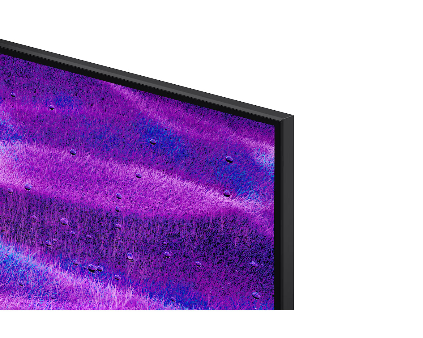 Close-up of a television screen with a purple and blue abstract pattern.