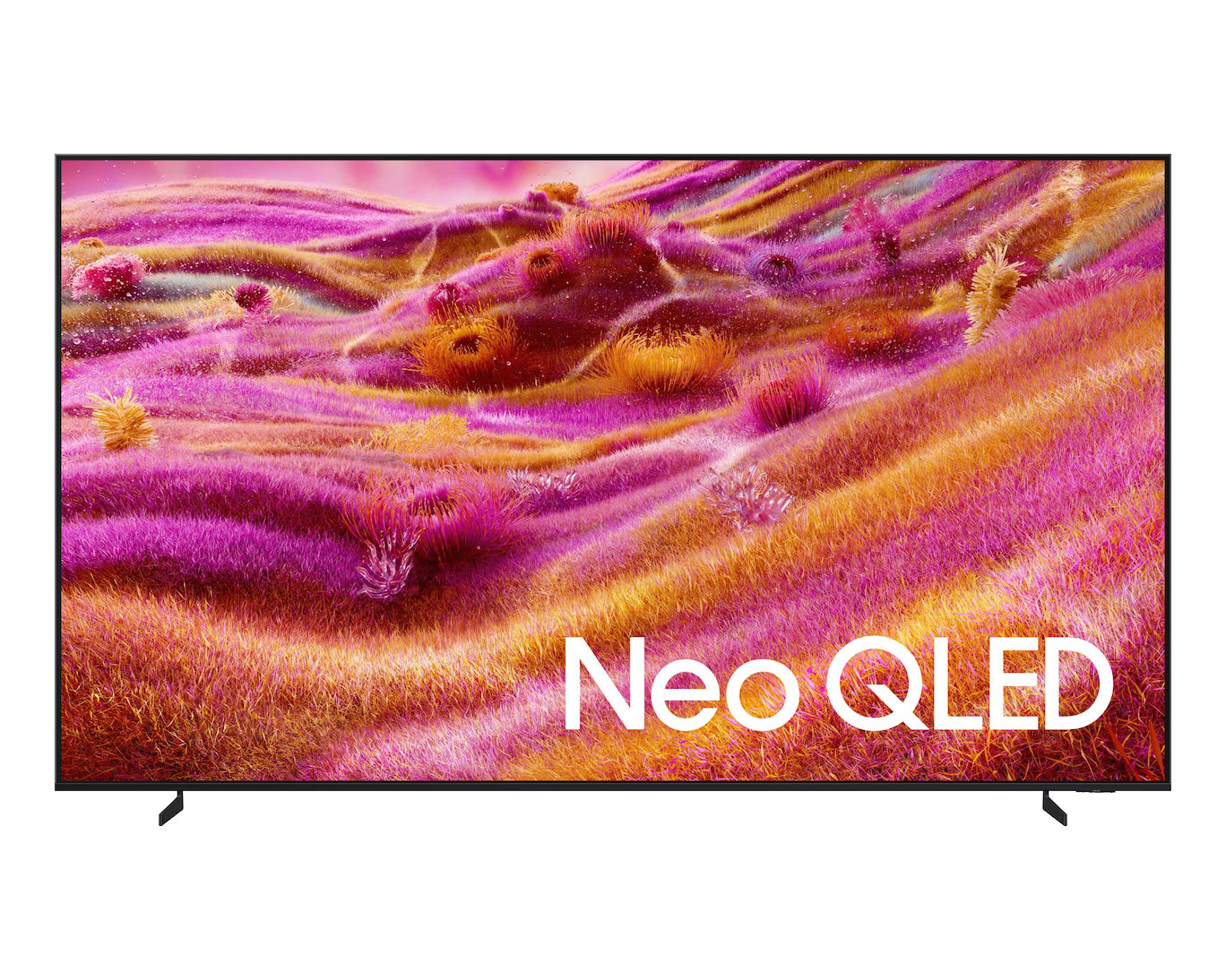 Neo QLED TV displaying a vibrant abstract pattern with the 'Neo QLED' logo.