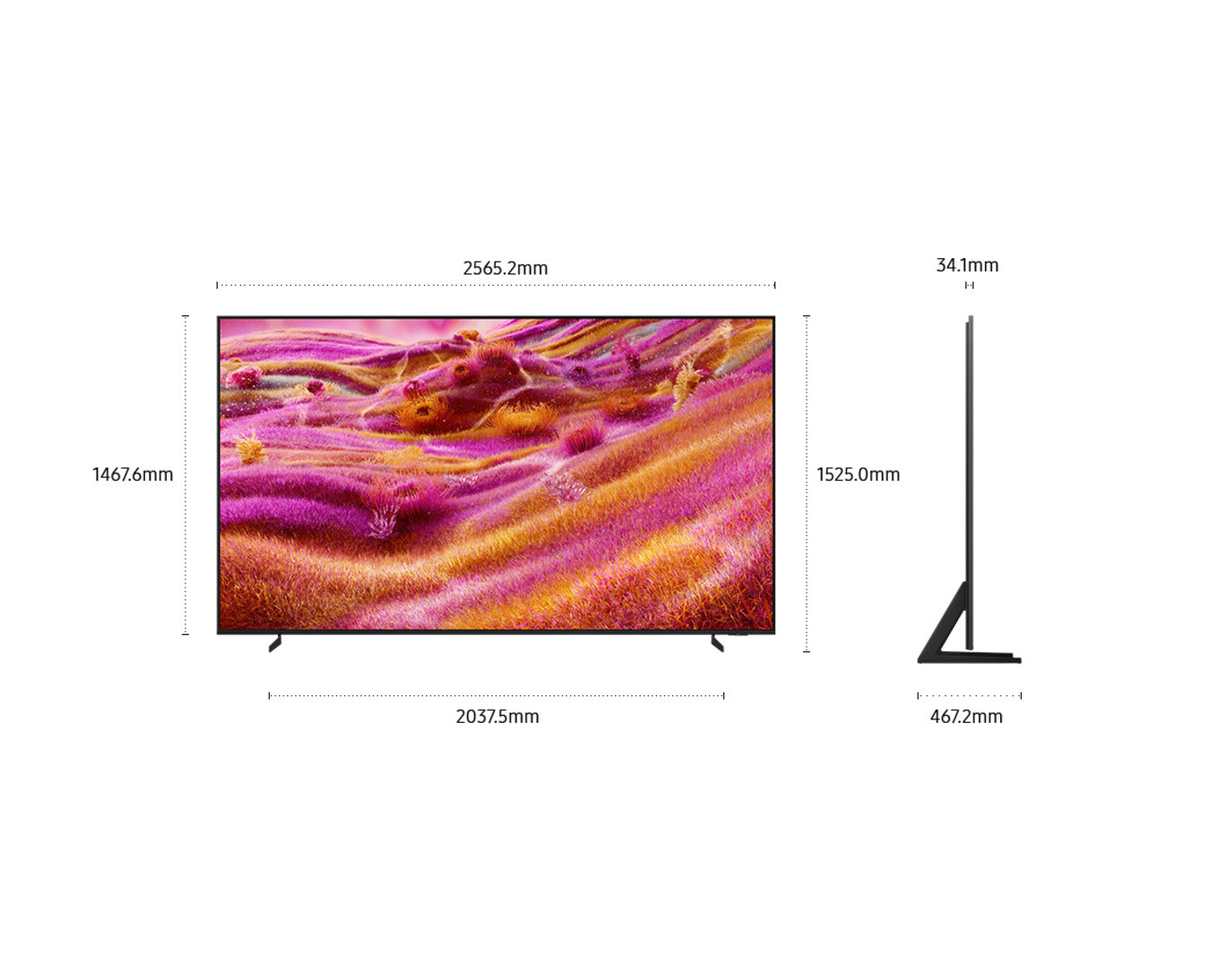 Measurement chart of a television screen with dimensions labeled on a white background