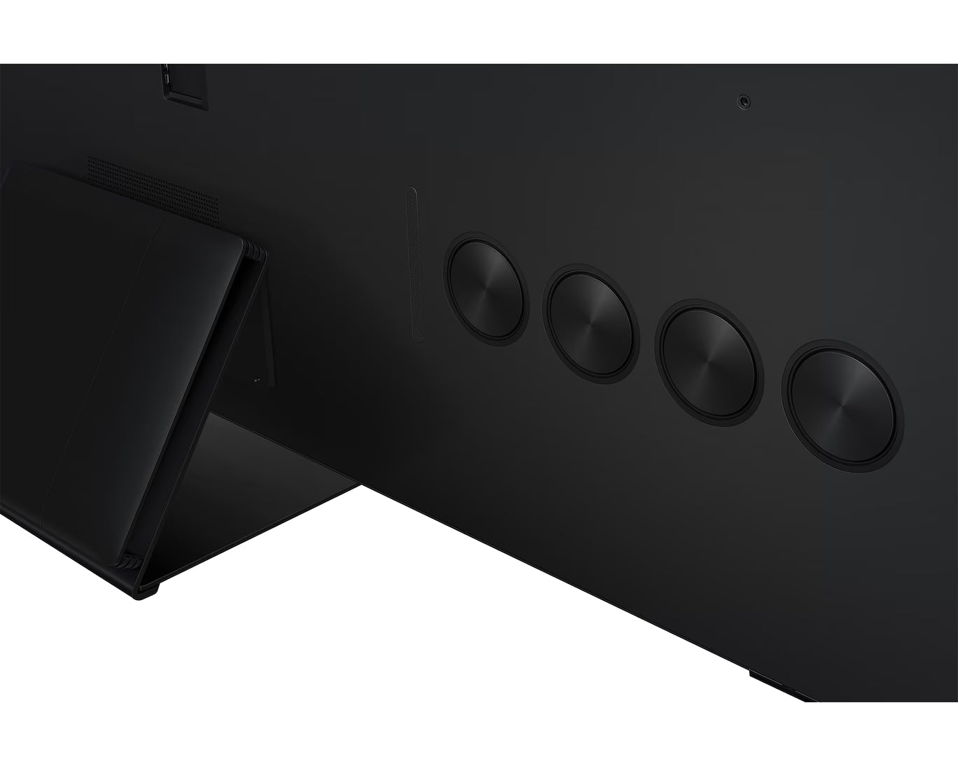 Close-up of a black electronic device with buttons on a white background