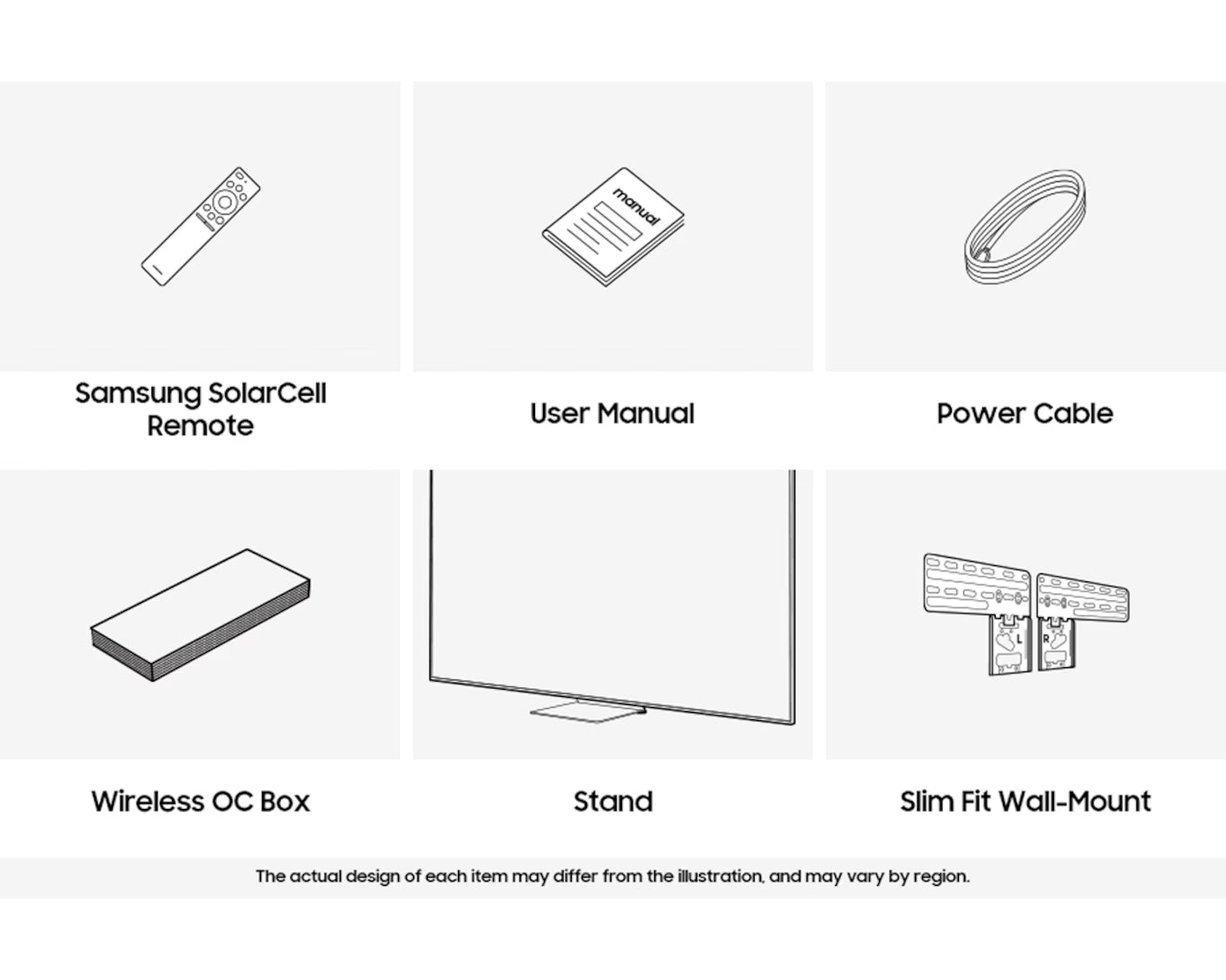 Diagram of Samsung TV package contents including remote, user manual, power cable, wireless OC box, stand, and slim fit wall mount.
