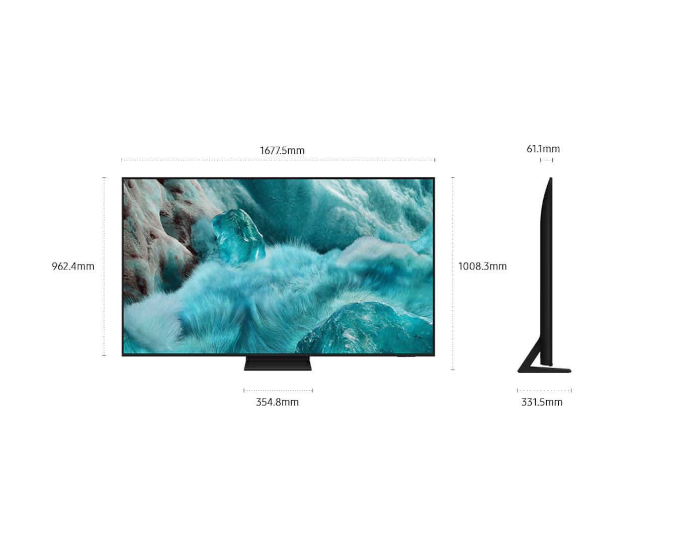 Television with dimensions labeled on a white background