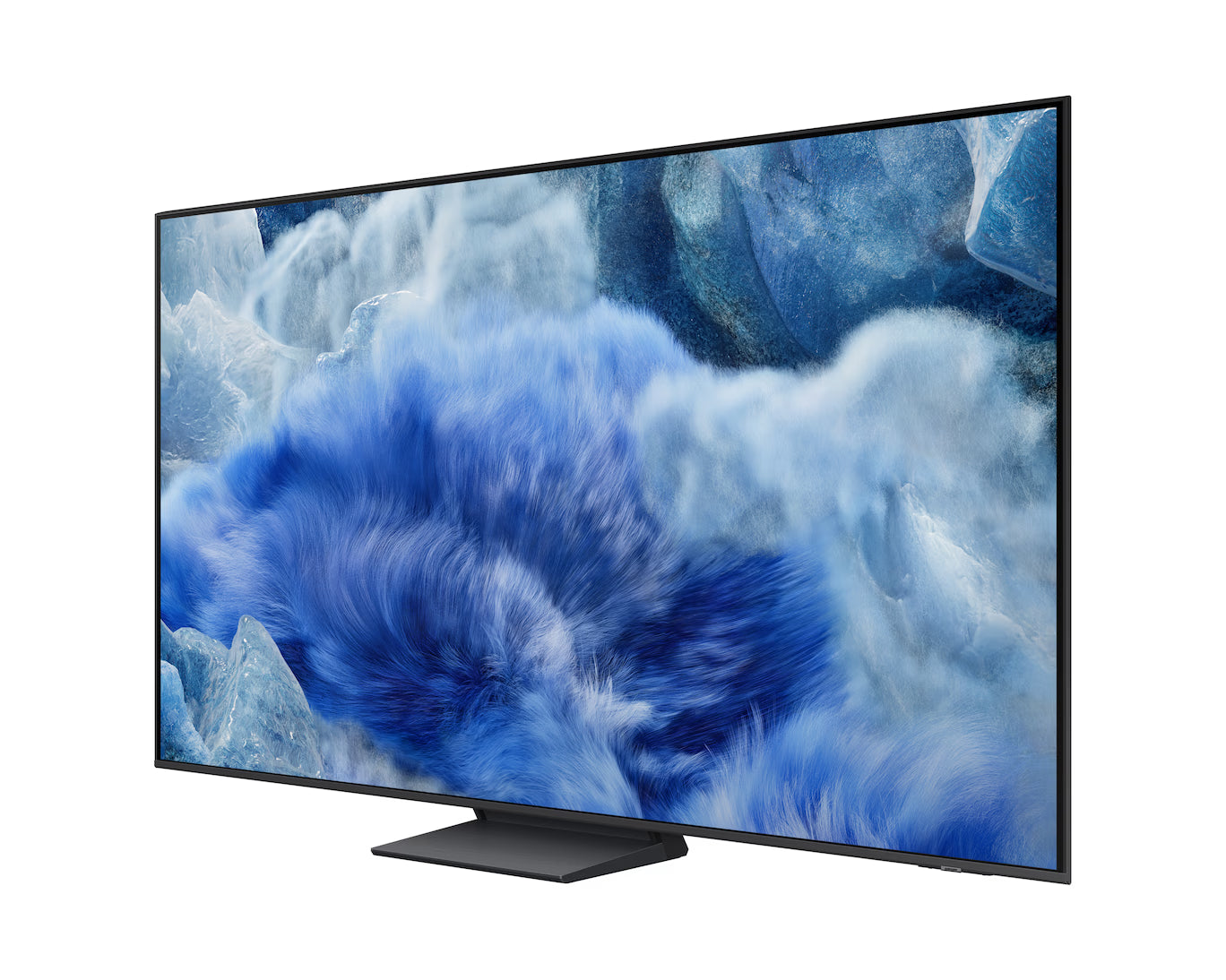 Modern flat-screen TV with a blue abstract design on the screen against a white background