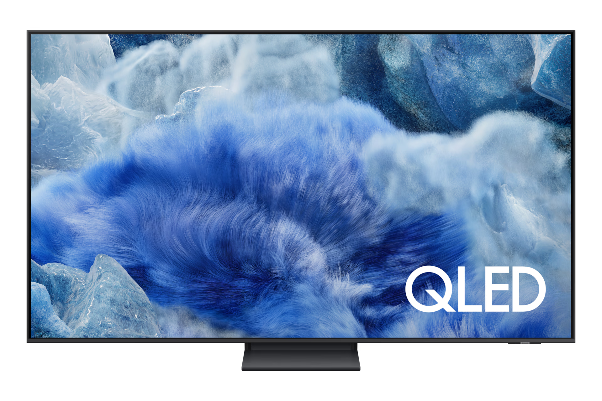 QLED TV displaying a blue and white abstract design with 'QLED' branding.