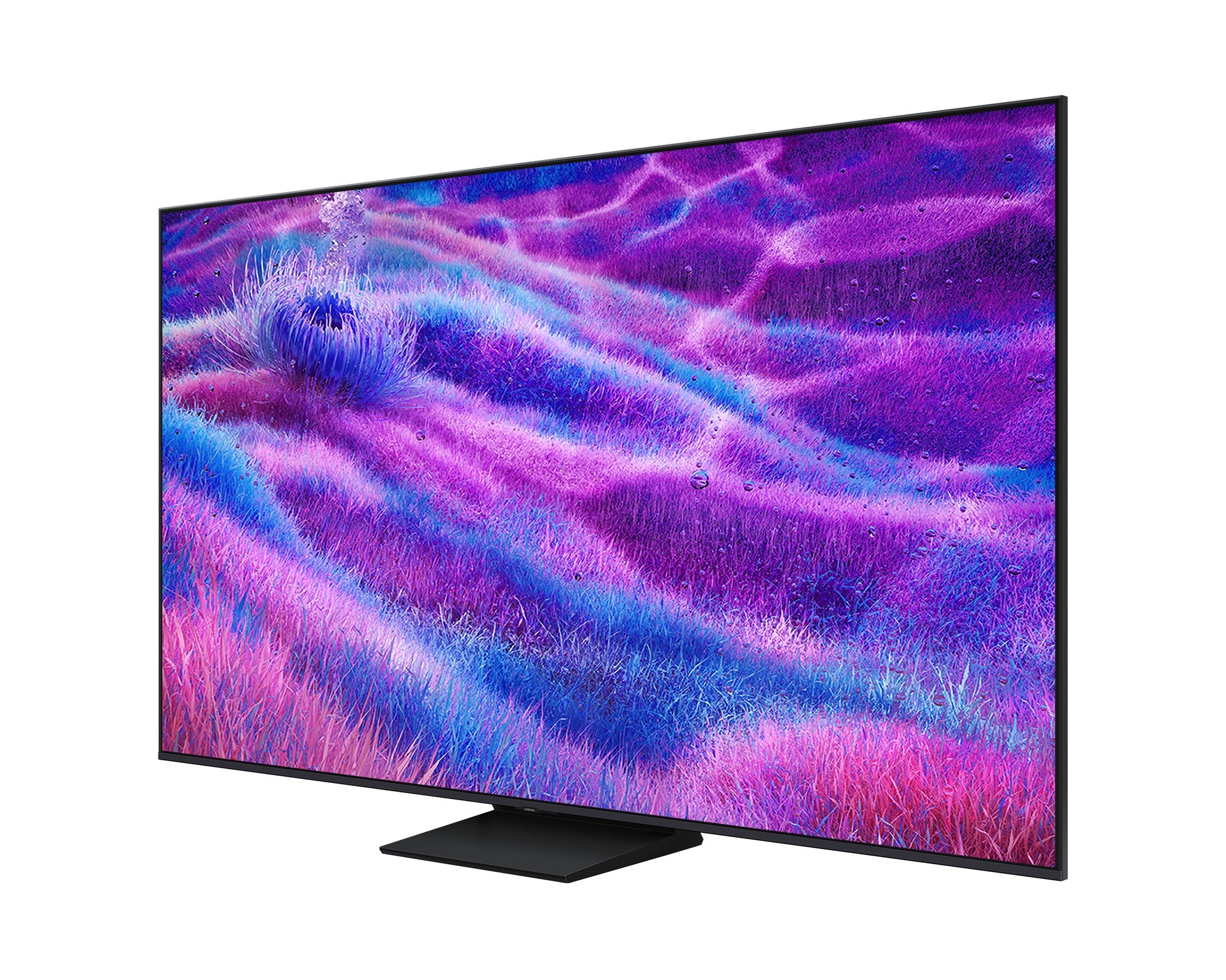 Smart TV with a vibrant purple and blue abstract display on a white background