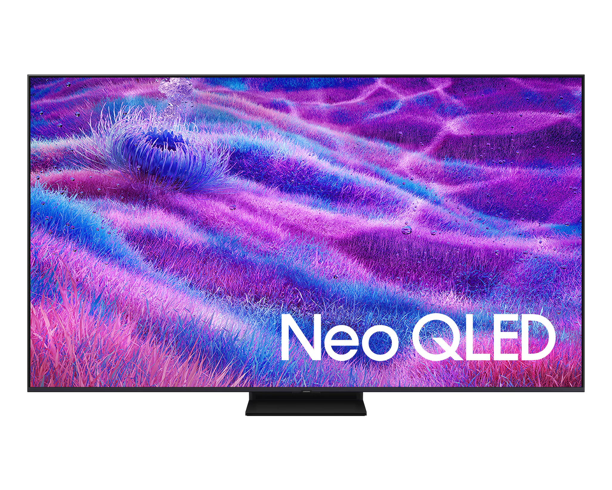 Neo QLED TV displaying a vibrant purple and blue abstract design on a white background