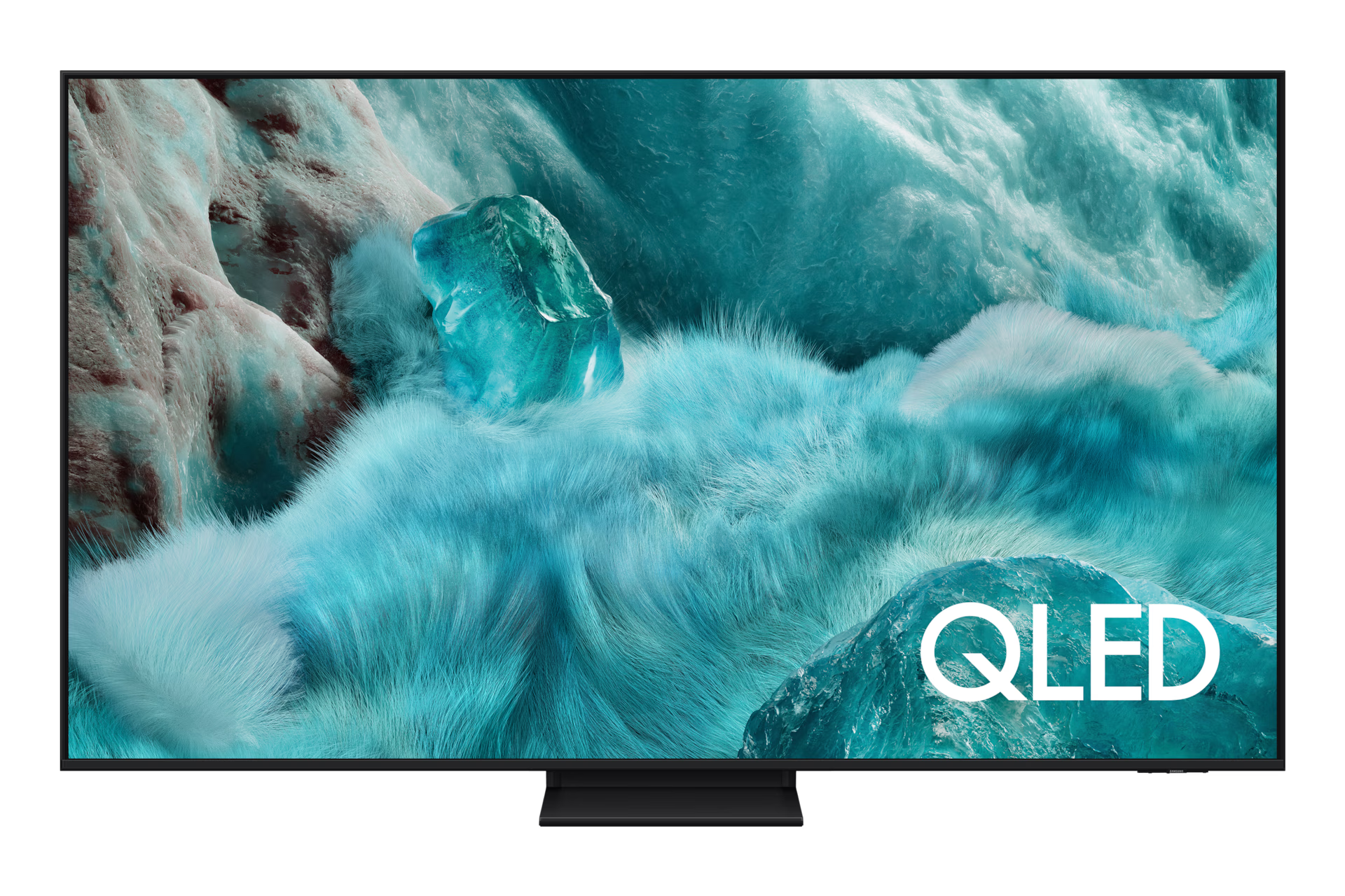 QLED TV displaying a nature-themed wallpaper with rocks and fur.