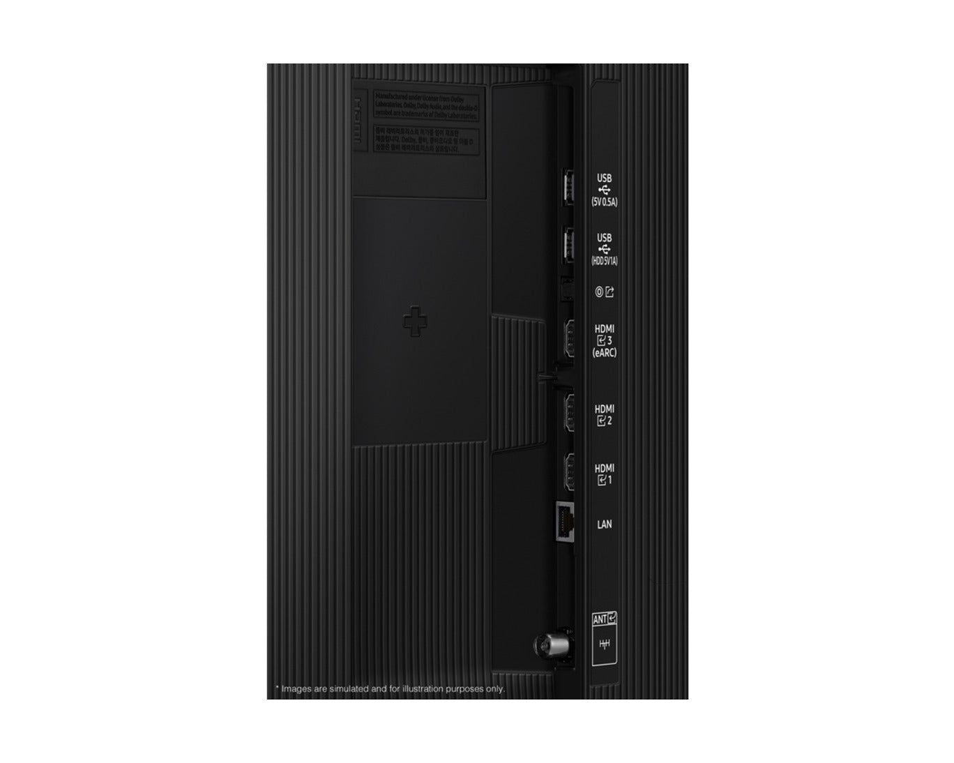 Back view of a black electronic device with ports on a white background