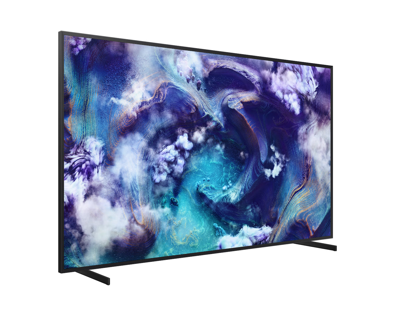 Modern flat-screen TV with a colorful abstract design on the screen against a white background