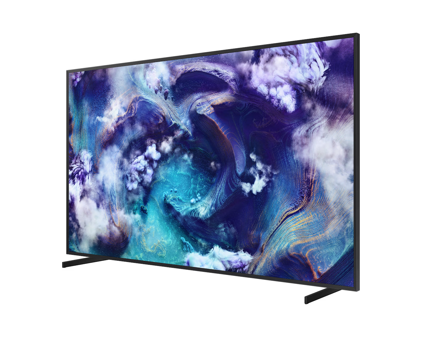 Modern flat-screen TV displaying a colorful abstract design on a white background