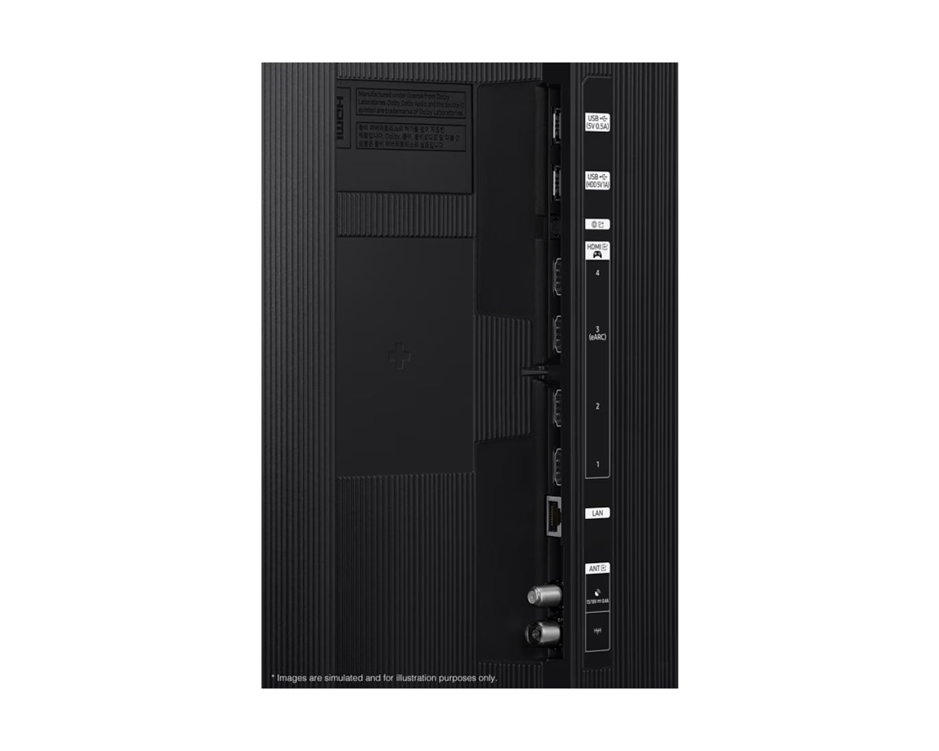 Black electronic device with ports and labels on a white background