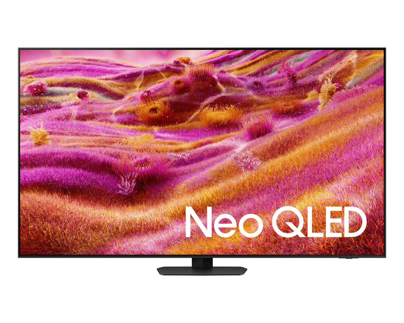 Neo QLED TV displaying a colorful abstract pattern with 'Neo QLED' branding.