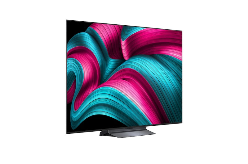 Modern flat-screen TV with colorful abstract design on the screen against a white background