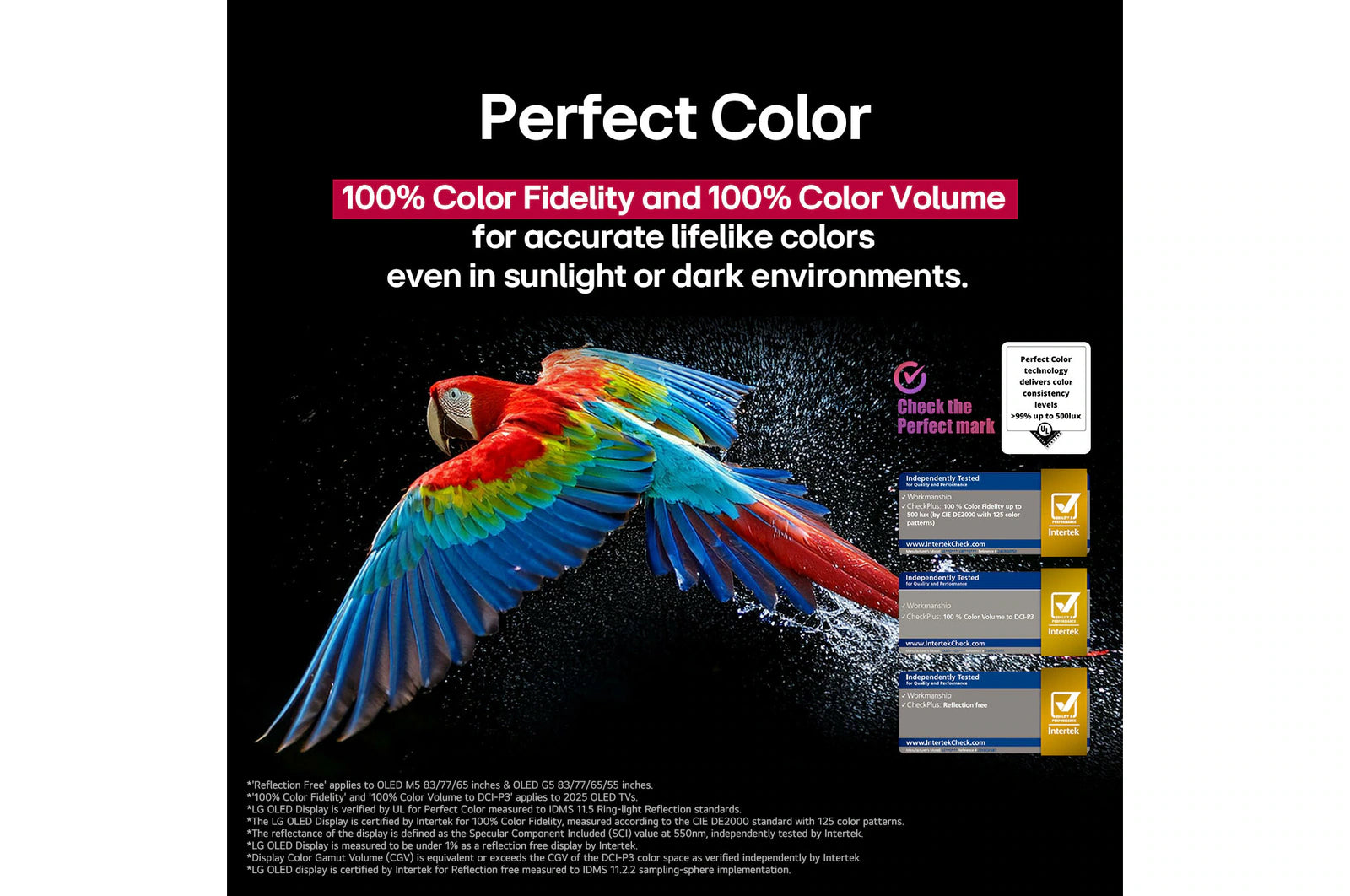 Advertisement for color fidelity with a parrot image on a black background