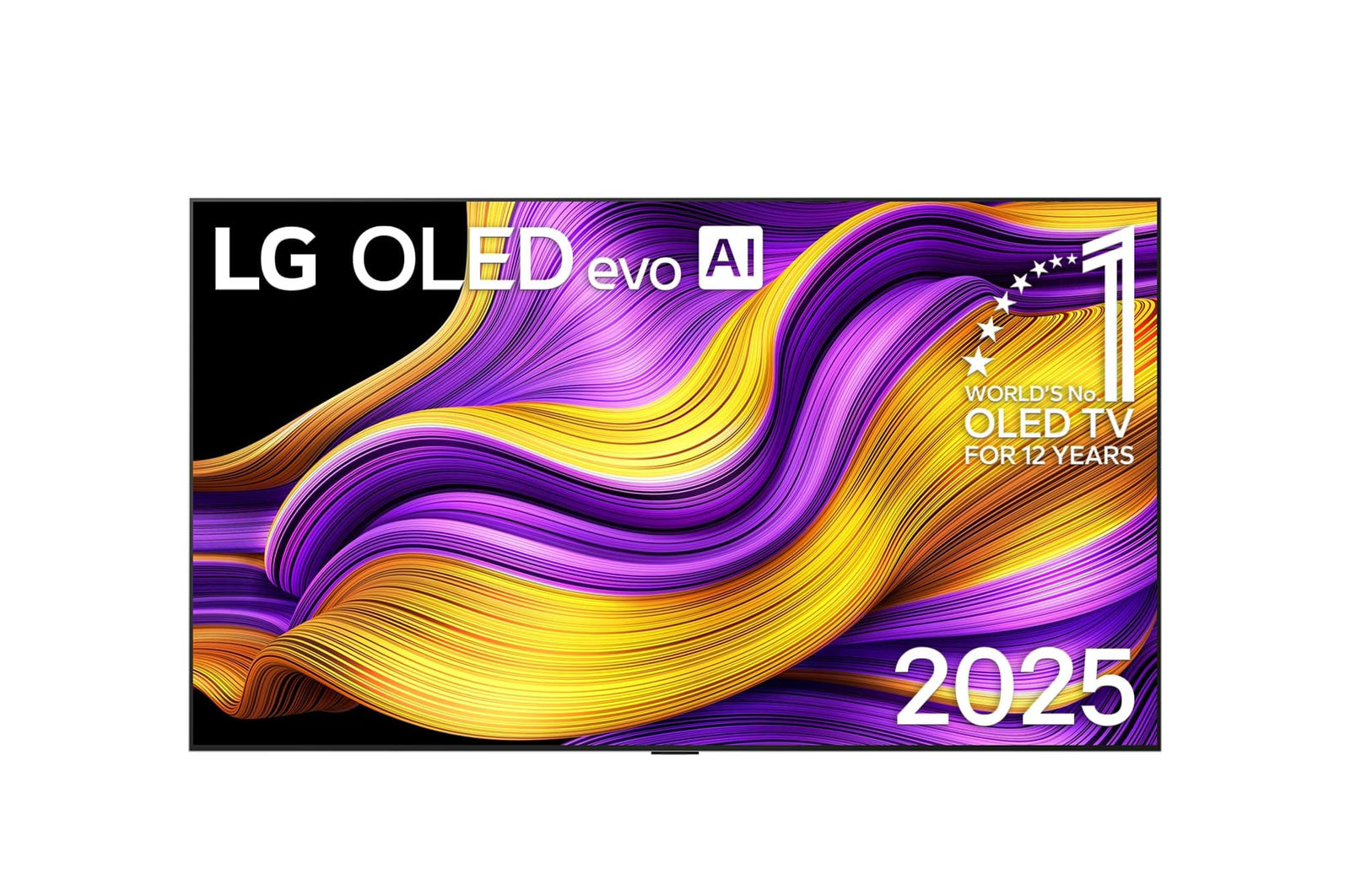 LG OLED evo AI TV with colorful design and text on a white background