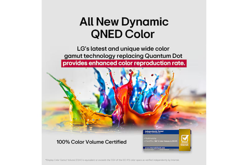 Advertisement for LG's QNED Color technology with colorful splashes and text on a white background.