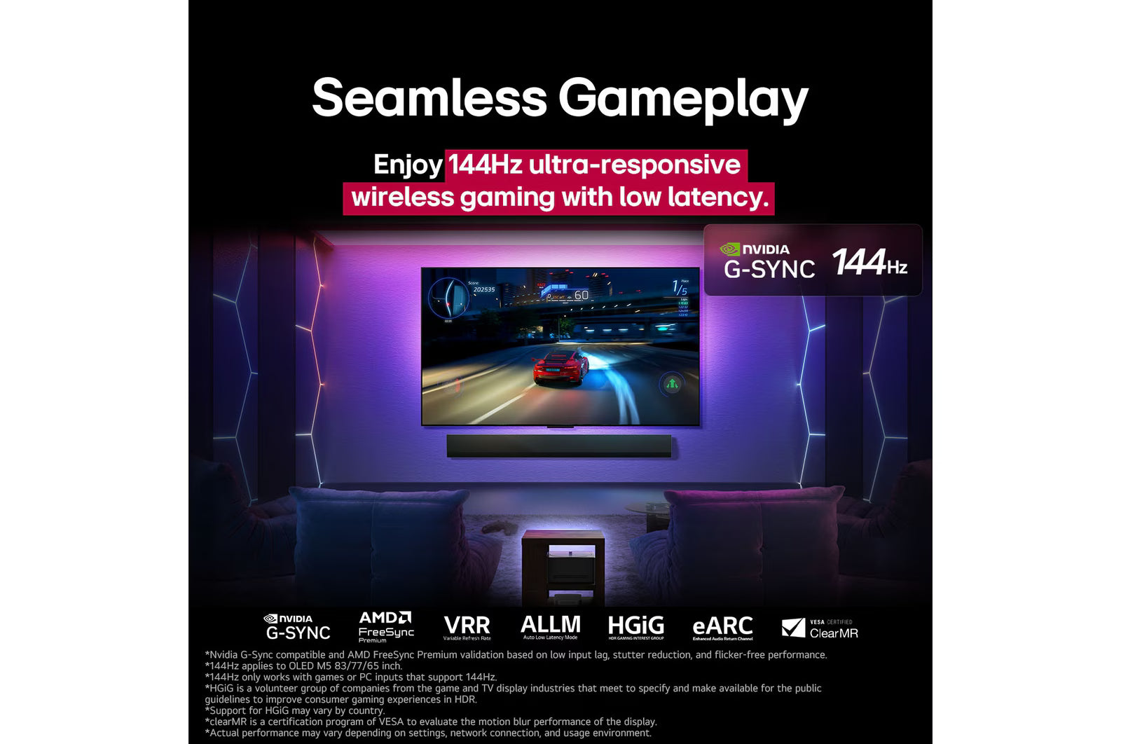 Advertisement for a gaming setup with a TV displaying a racing game, featuring text about 144Hz ultra-responsive wireless gaming.