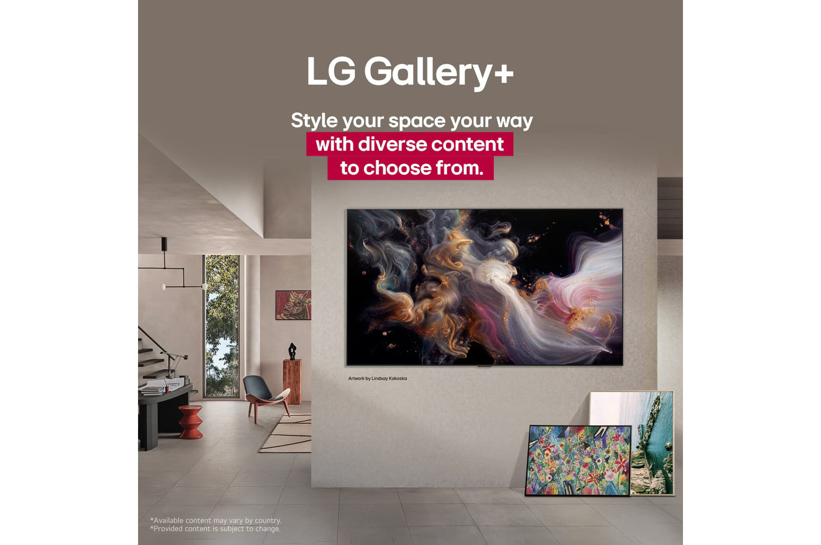 LG Gallery+ advertisement with a modern living room setting and abstract art on a wall.