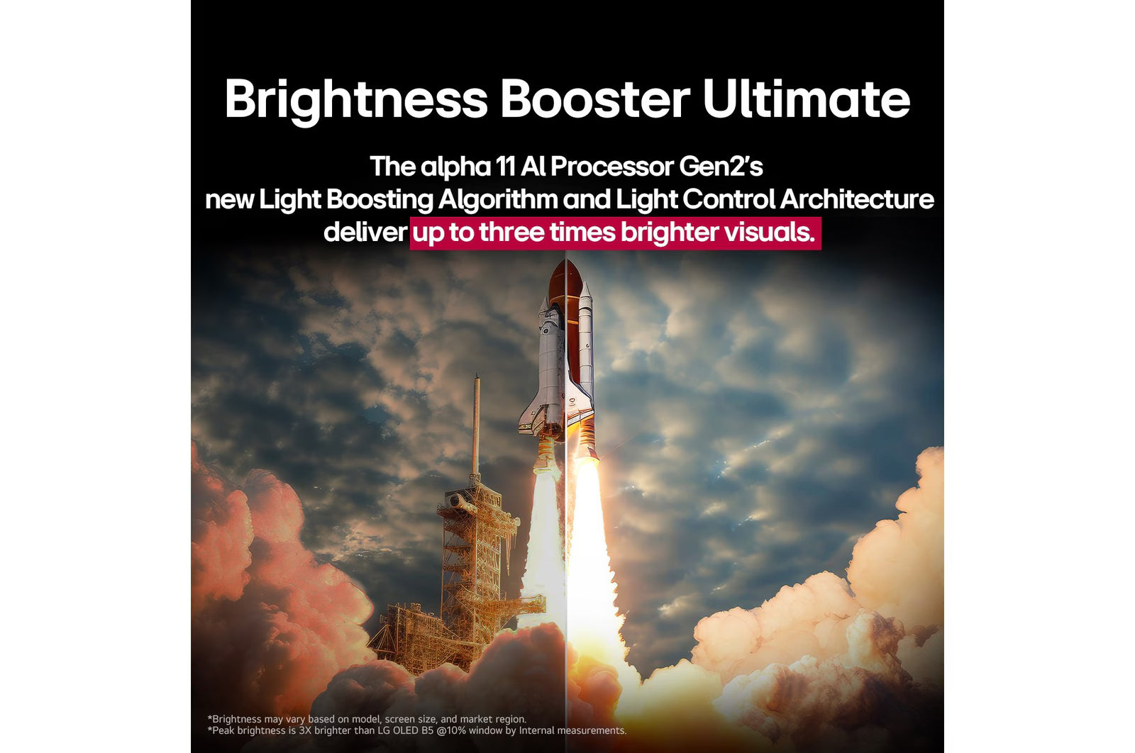 Space shuttle launch with promotional text for brightness booster technology