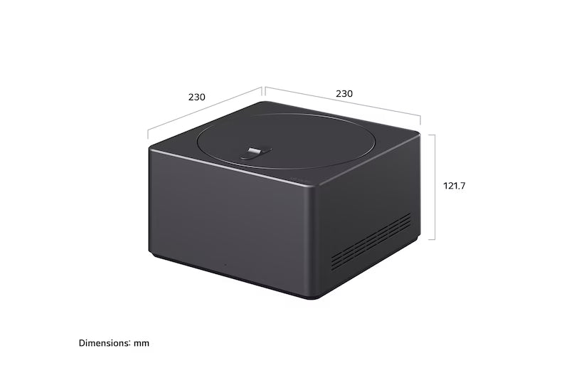 Black rectangular device with dimensions labeled on a white background