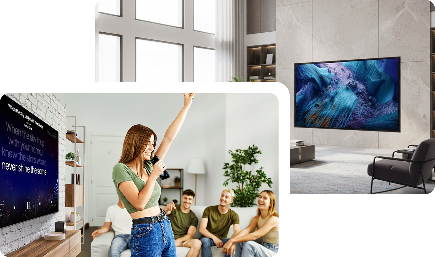 Woman using a remote control in front of a large TV screen displaying a movie scene, with another TV showing a nature landscape in the background.