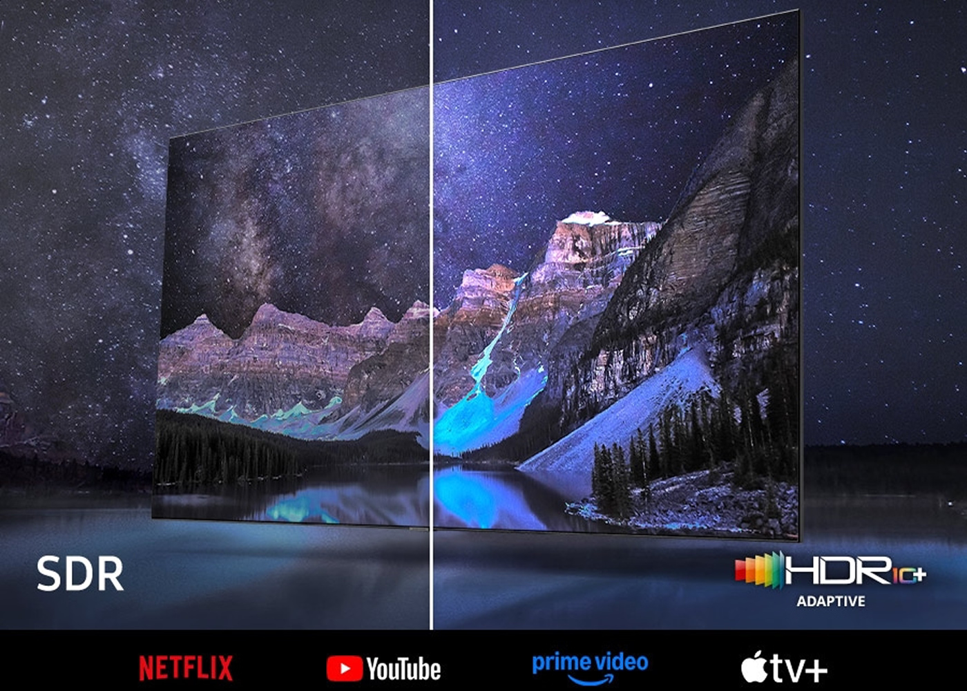 Comparison of SDR and HDR10+ adaptive technology on a television screen displaying a mountain landscape.