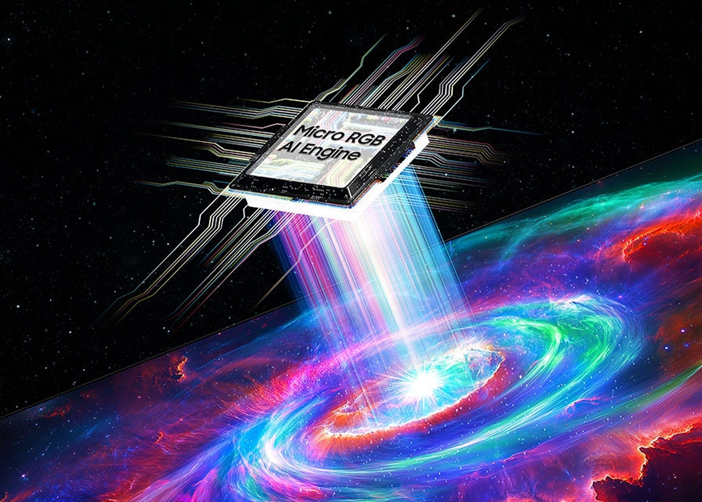 Microchip labeled 'Micro R&D AI Engine' over a cosmic background with swirling colors.