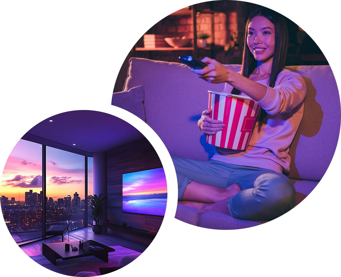 Woman watching TV in a living room with a cityscape view